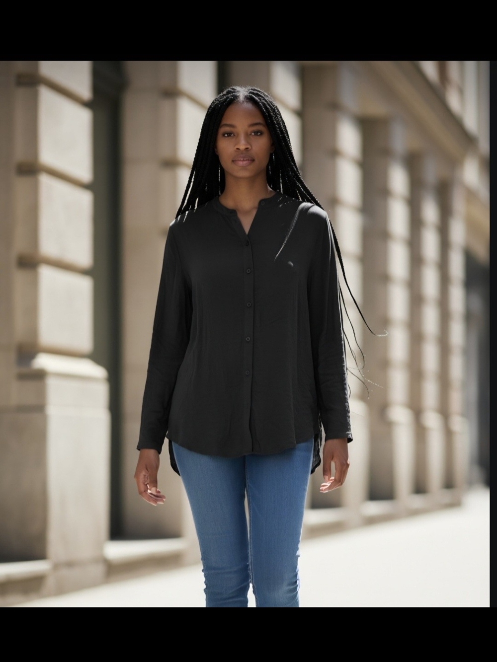 Hit Womens L Stylish, Chic Black V-Neck Button Down Rayon Top